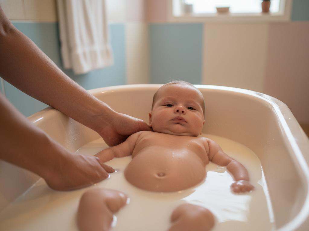 Ein Neugeborenes liegt entspannt in einem Bad mit Muttermilch – ideal zur Beruhigung empfindlicher Babyhaut.