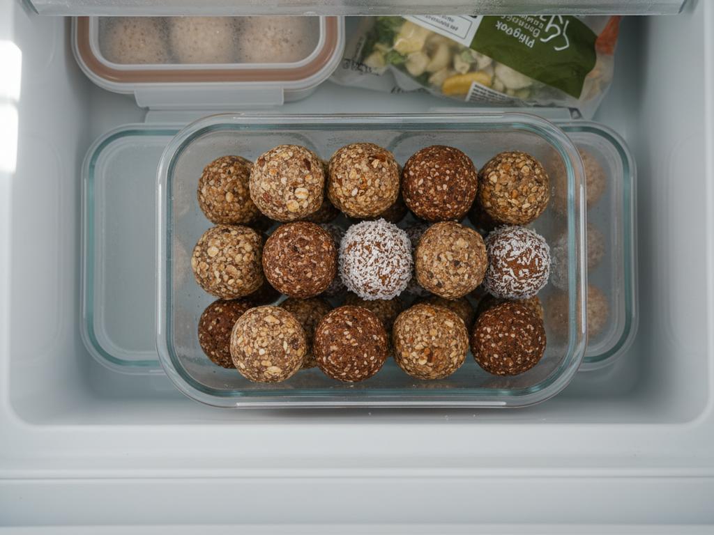 Fotorealistische Aufnahme von eingefrorenen Stillkugeln und Energy Balls in einer Vorratsdose im Gefrierfach, ideal als Bild zum Thema Stillkugeln einfrieren und entspannter Stillalltag.