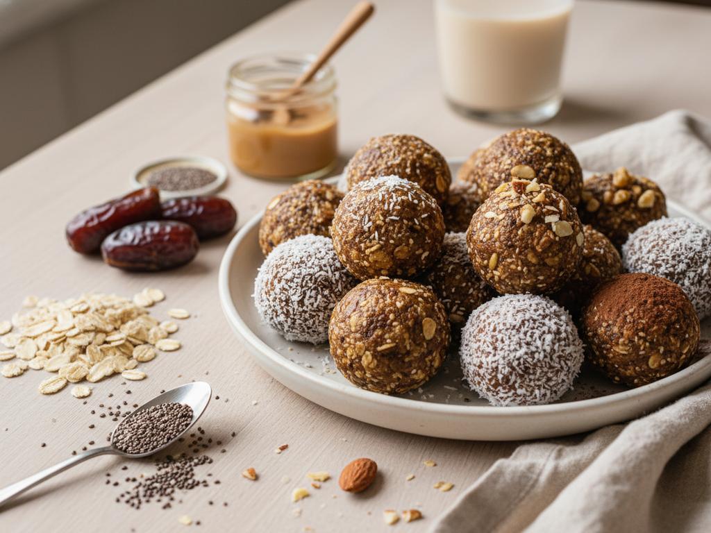 Fotorealistische Nahaufnahme von Stillkugeln als Energy Balls auf einem Teller, ideal als nährender Snack für stillende Mütter im Wochenbett, mit natürlicher Deko aus Haferflocken, Nüssen und Datteln.