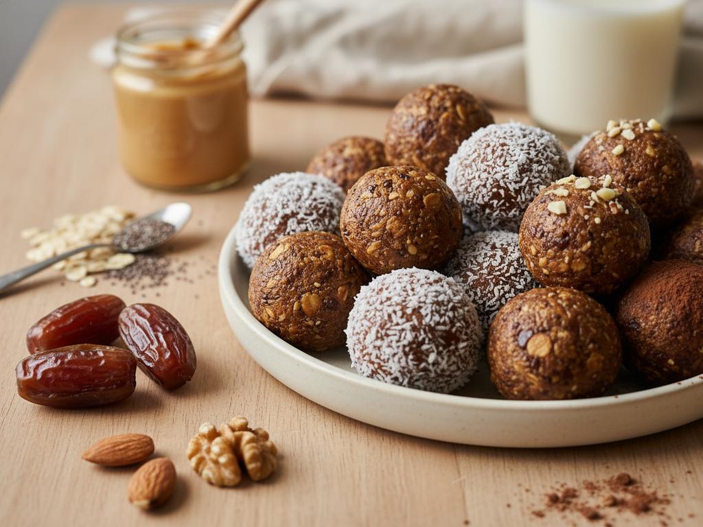Fotorealistische Szene einer stillenden Mutter auf dem Sofa, die während des Stillens zu selbstgemachten Energy Balls greift, im gemütlichen Wohnzimmer mit natürlichem Tageslicht.