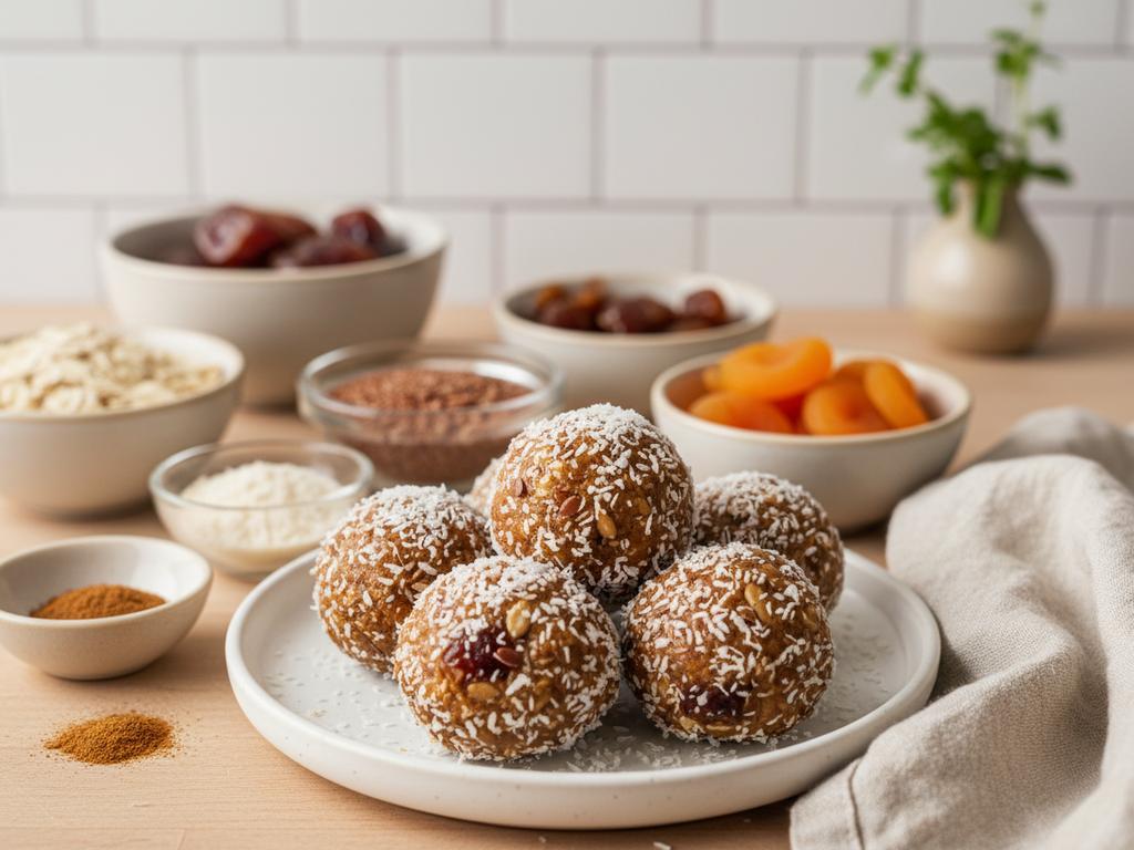 Fotorealistische Aufnahme von nussfreien Stillkugeln aus Haferflocken, Samen und Trockenfrüchten auf einer hellen Küchenplatte, ideal als Energy Balls für stillende Mütter.