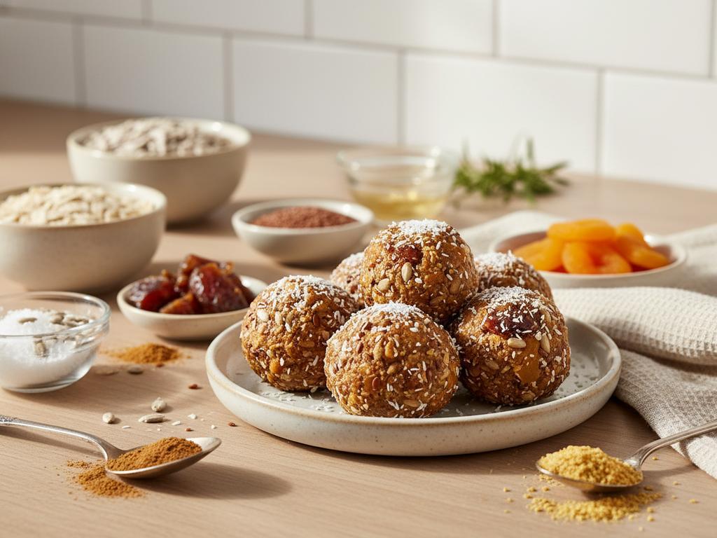 Fotorealistische Szene einer stillenden Mutter, die auf dem Sofa sitzt und nussfreie Stillkugeln als praktischen Energy Snack im Alltag genießt.