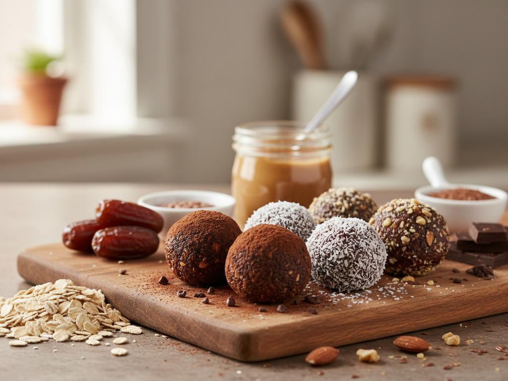 Fotorealistische Nahaufnahme von schokoladigen Stillkugeln und Energy Balls auf einem Holzbrett, ideal als gesunder Snack in der Stillzeit.