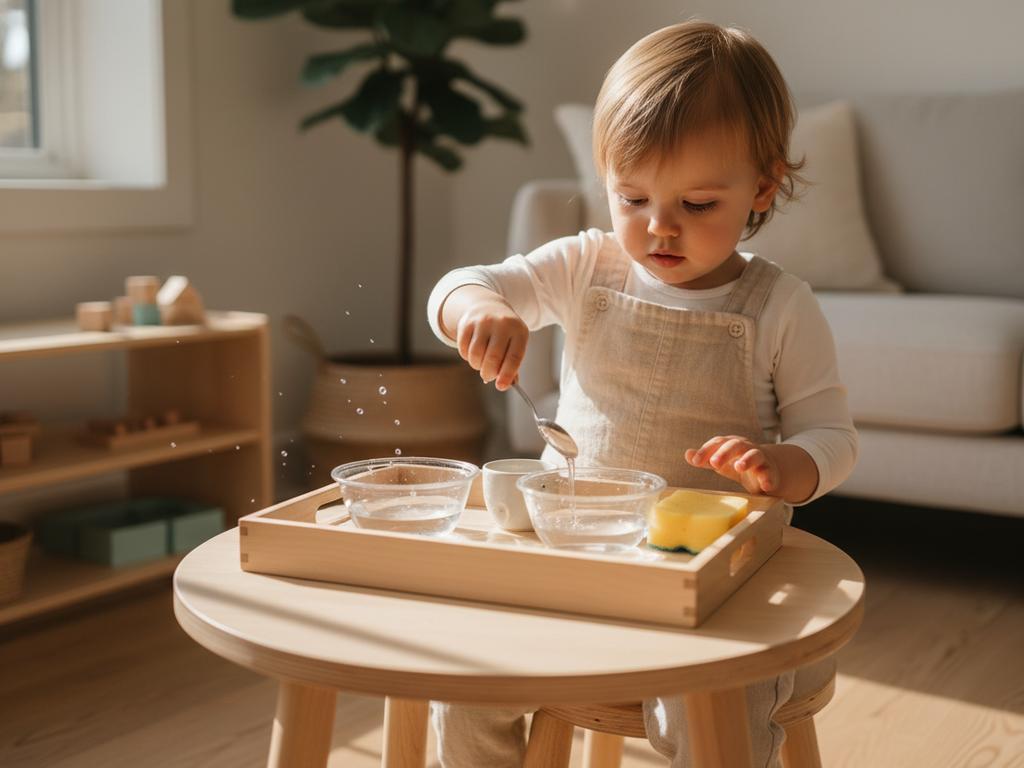 Fotorealistische Nahaufnahme eines Kleinkinds, das an einem vorbereiteten Wasser-Tablett mit Schüsseln und Löffeln experimentiert. Perfekt, um einfache Experimente für Kinder unter 3 Jahren und montessori-inspirierte Entdecker-Momente im Alltag zu zeigen.