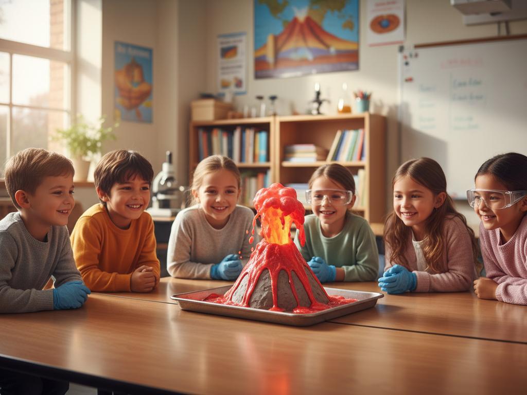 Fotorealistische Szene eines Vulkan-Experiments mit Kindern im Klassenzimmer, bei dem ein Backpulvervulkan spektakulär ausbricht – ideal zur Veranschaulichung von Chemie und Sachunterricht.