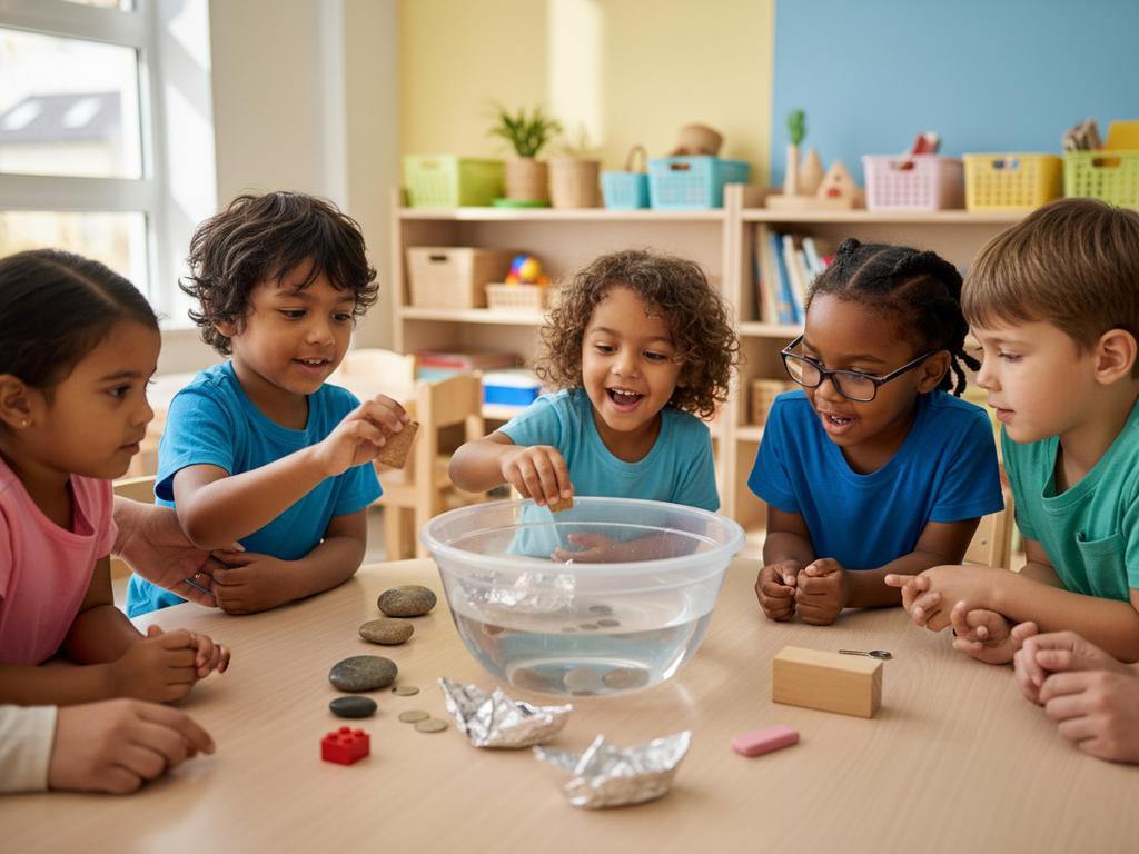 Fotorealistisches Bild von Kindern in einer Kita, die gemeinsam ein Wasserexperiment mit schwimmenden und sinkenden Gegenständen durchführen – ideal zur Illustration von naturwissenschaftlichen Lernmomenten im Alltag.