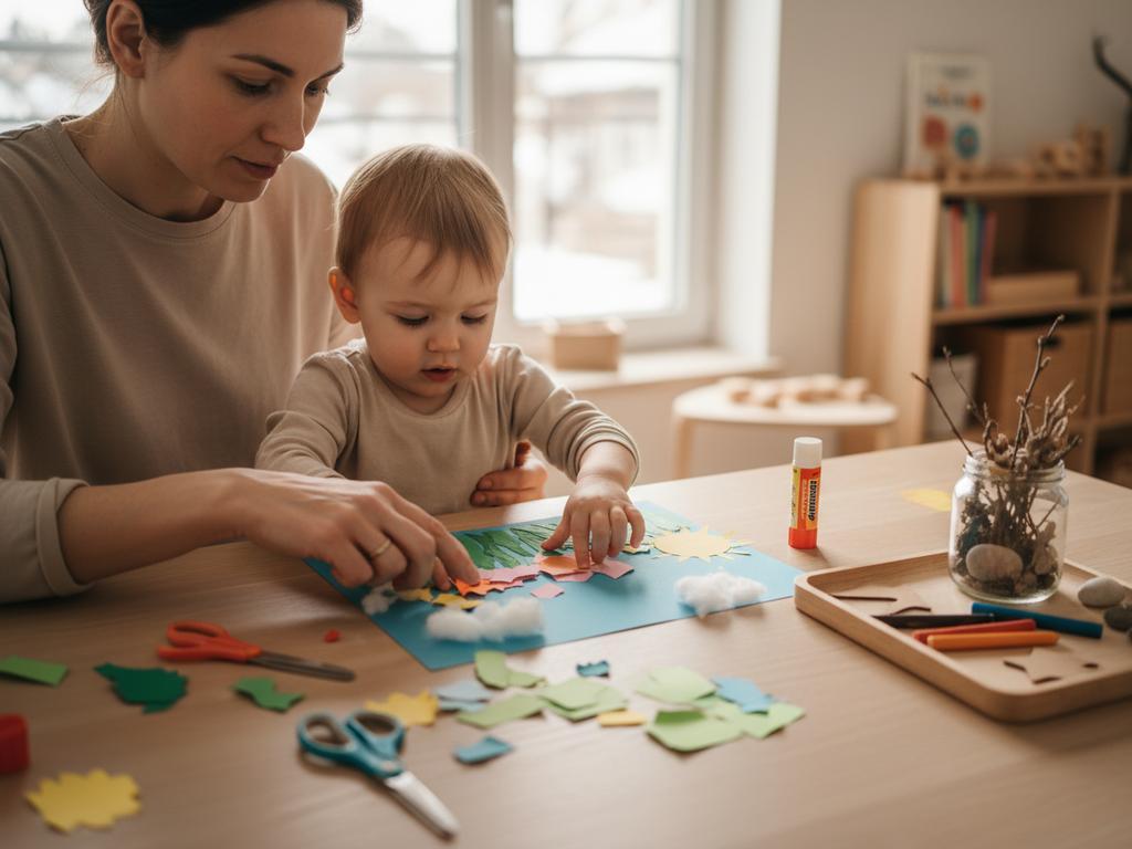 Fotorealistisches Weitwinkelbild von mehreren Kindern, die im hellen Wohnzimmer eigenständig Frühlingsdeko wie Girlanden, Fensterbilder und ein Natur-Mobile basteln – perfekt für Social-Media-Beiträge zum Frühlingsbasteln.