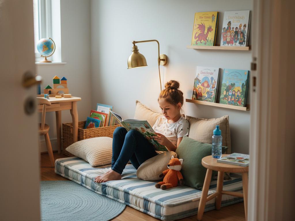 Fotorealistische Inspiration für eine Leseecke unter einem Hochbett mit Vorhang, Lichterkette und cleverem Stauraum für Bücher im Kinderzimmer eines Schulkindes.