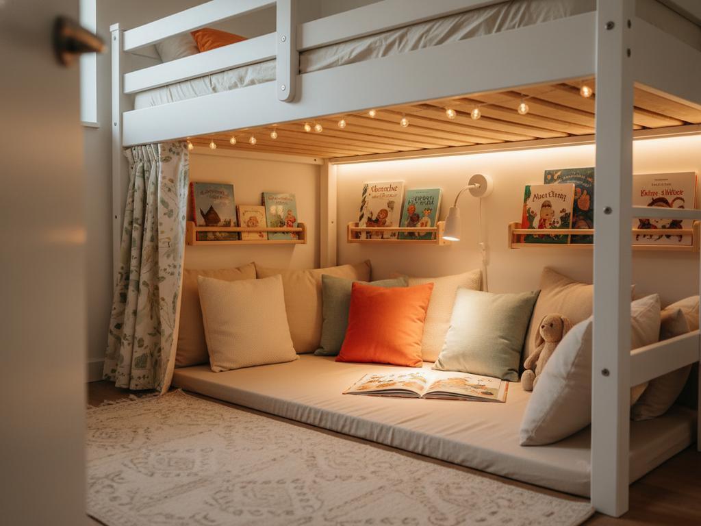 Fotorealistische Kinderzimmer-Leseecke unter einem Hochbett mit Kissen, Lichterkette und Büchern – inspirierende Idee für eine kuschelige Hochbett-Lesehöhle.