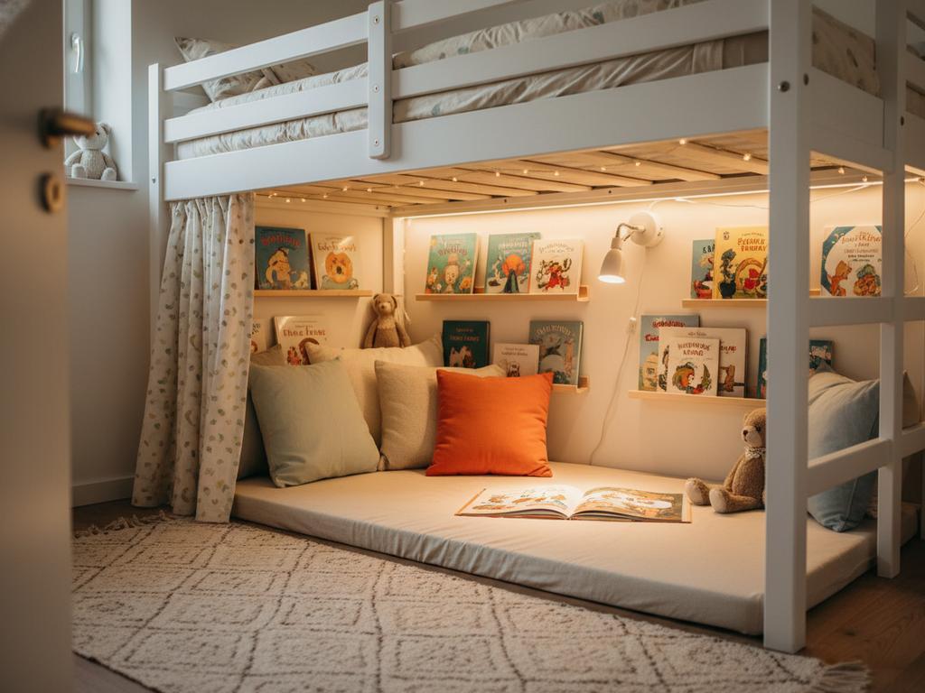 Fotorealistisches Detailfoto eines Kindes, das in einer gemütlichen Leseecke unter einem Hochbett mit warmem Licht und Kissen liest – stimmungsvolle Social-Media-Szene.