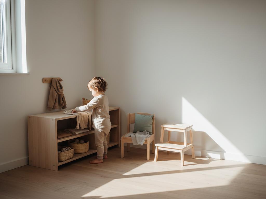 Fotorealistische Szene einer Montessori Morgenroutine mit einem etwa zweijährigen Kind, das sich selbstständig im vorbereiteten Kinderzimmer anzieht und Kleidung aus einer niedrigen Anziehecke auswählt.