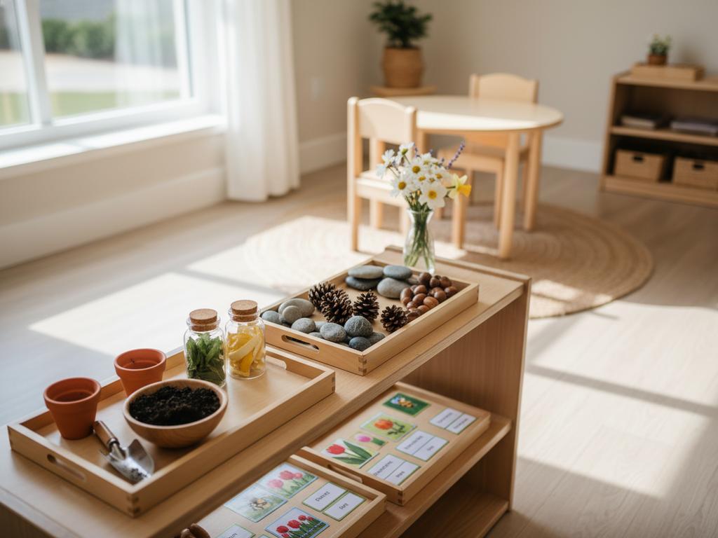 Fotorealistische Aufnahme eines Montessori-Frühlingsregals im Kindergarten mit Tabletts, Naturmaterialien und klar strukturierten Aktivitäten für Kinder.