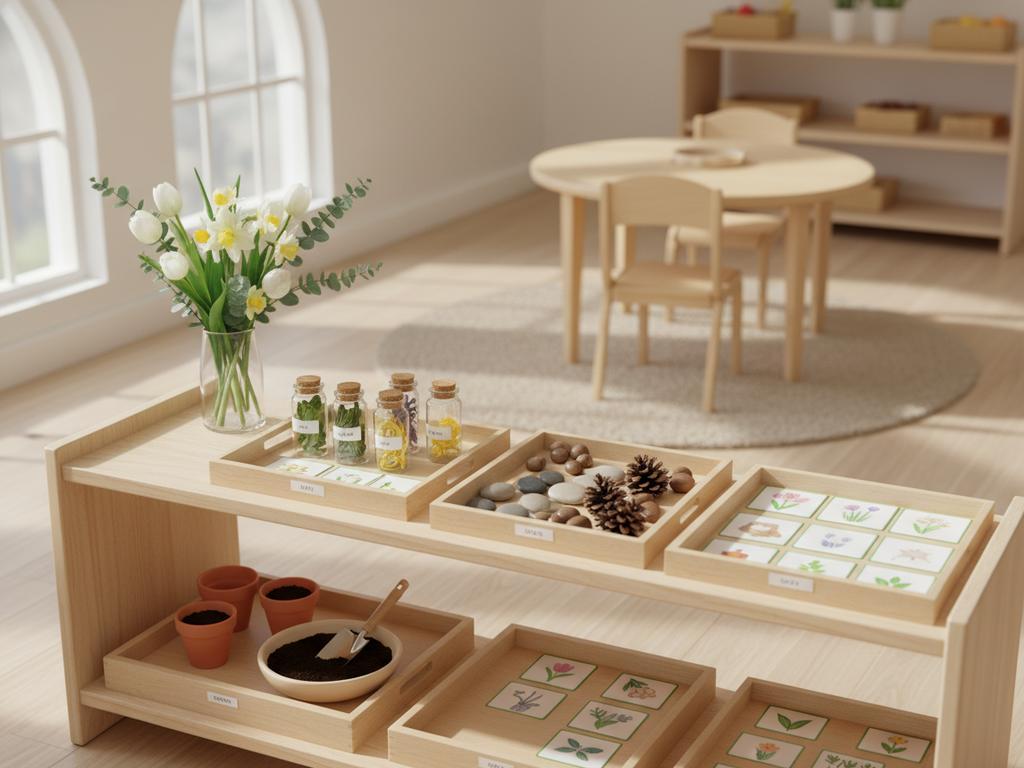 Fotorealistisches Bild von Kindergartenkindern, die im Frühlingsgarten nach Montessori-Prinzipien graben, pflanzen und Natur beobachten.