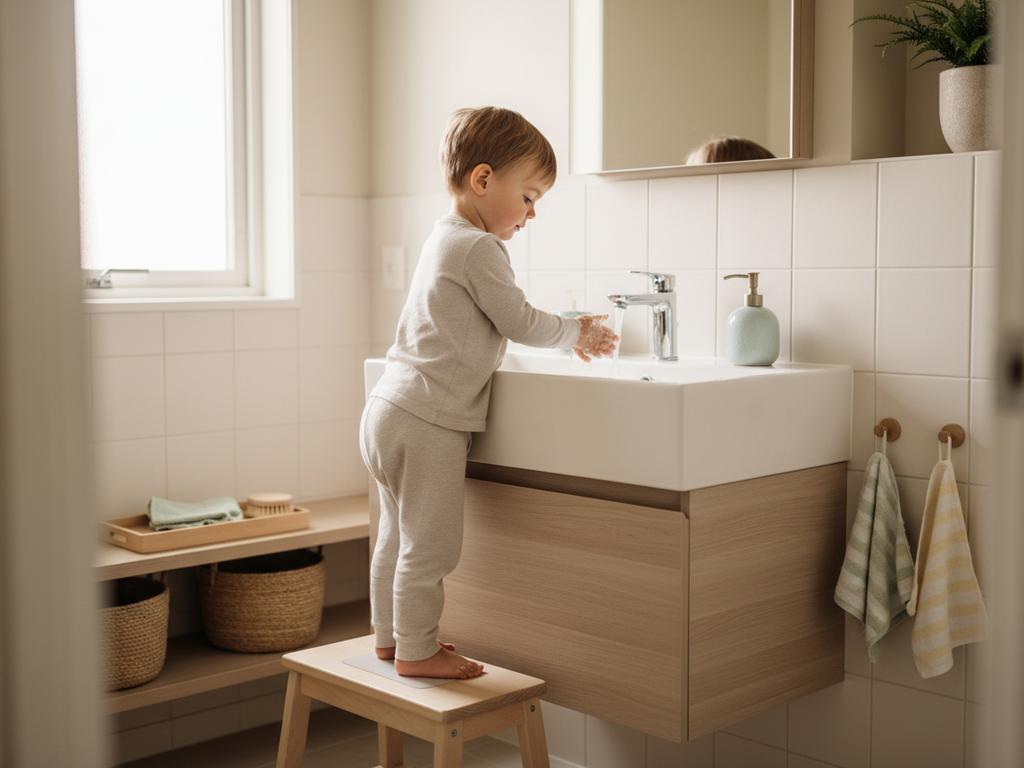 Fotorealistischer Montessori Waschplatz im Familienbadezimmer mit kleinem Kind auf stabilem Tritt, das selbstständig Hände wäscht. Helle, freundliche Atmosphäre, klare Zonen und kindgerechte Höhe, ideal als Inspiration für ein Montessori Badezimmer DIY.