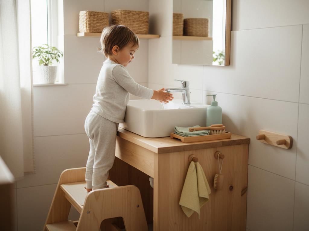 Fotorealistisches, aufgeräumtes Montessori Kinderbad in Vogelperspektive mit klaren Funktionszonen für Waschen, Zähneputzen, Handtücher und Wäsche. Ideal als visuelle Inspiration für Eltern, die ihr Badezimmer kindgerecht und nach Montessori einrichten möchten.