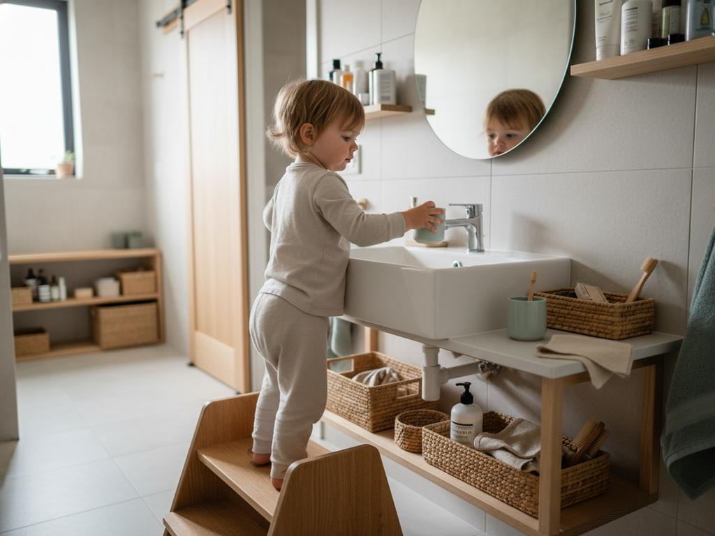Fotorealistische Szene eines Montessori-Badezimmers, in dem ein Kleinkind selbstständig am Waschbecken steht, mit Tritthocker, niedrigem Spiegel und kindgerechter Ordnung – ideal zur Veranschaulichung von Selbstständigkeit im Bad.