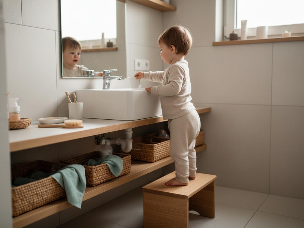 Fotorealistische Draufsicht auf ein strukturiertes Montessori-Badezimmer für Kleinkinder mit klar getrennten Kinder- und Erwachsenenbereichen, Hockern, Haken und Körben als inspirierende Raumübersicht.