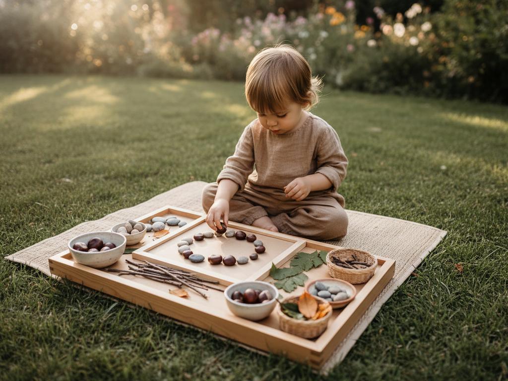 Fotorealistisches Outdoor-Bild eines 2-jährigen Kindes, das mit Naturmaterialien nach Montessori bastelt und dabei konzentriert sortiert und legt.