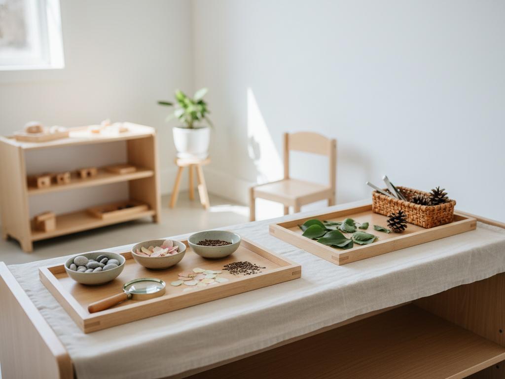 Fotorealistische Szene eines Montessori-Naturtischs im Kinderzimmer mit Frühlingsmaterialien, sortierten Steinen und Blüten, ideal zur Inspiration für Montessori Frühlingsbasteln mit Kindern.