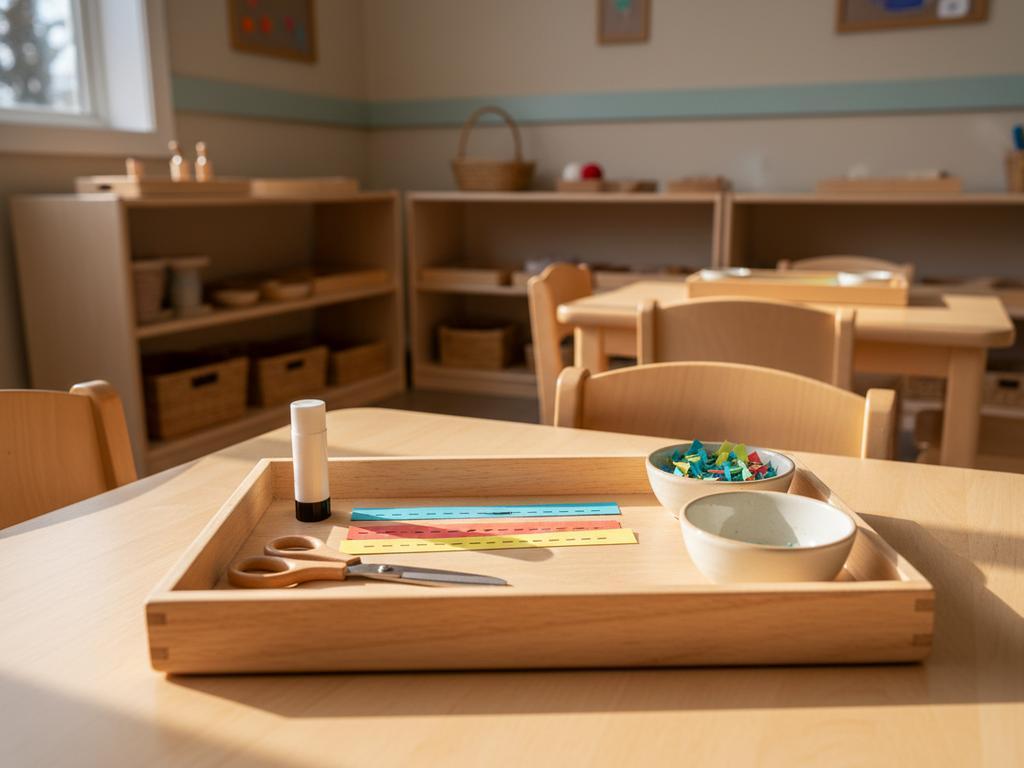 Fotorealistisches Bild mehrerer Kita-Kinder, die vertieft an Montessori Bastelangeboten arbeiten und in einer vorbereiteten Umgebung selbstständig schneiden, kleben und sortieren.