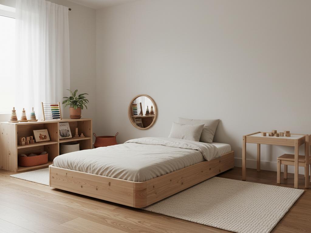 Fotorealistisches Montessori Bodenbett aus Holz in einem aufgeräumten Kinderzimmer, das Selbstständigkeit und Sicherheit für Kleinkinder vermittelt.