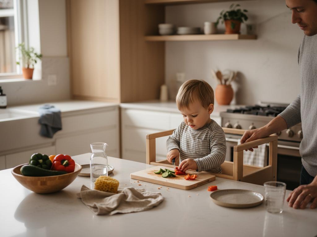 Fotorealistische Gesamtansicht einer Montessori Küchenecke mit niedrigem Tisch, offenem Kinderregal und klar strukturiertem Bereich für selbstständiges Arbeiten von Kindern.