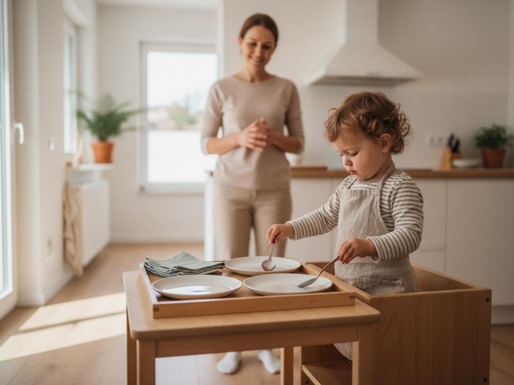 Fotorealistische Draufsicht auf ein schlichtes Montessori-Regal mit Tabletts für Wasser gießen, Sortierspiele und Feinmotorikübungen – ideale Inspiration für einfache, alltagsnahe Spielideen für Zweijährige.