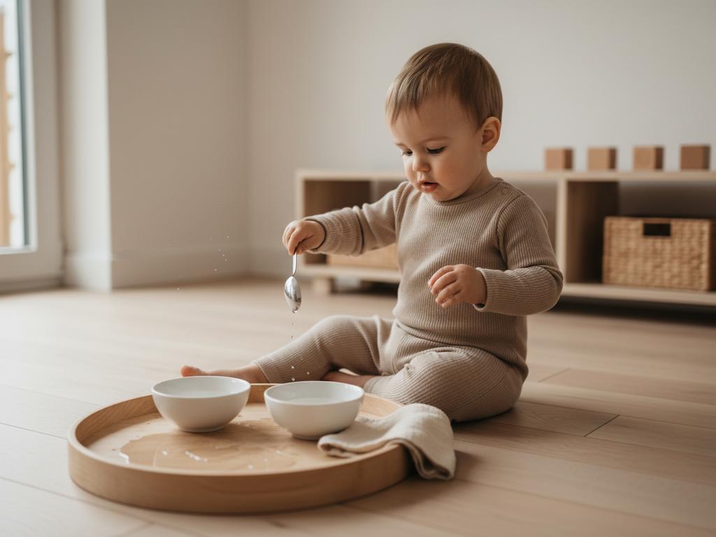 Einjährige spielt konzentriert mit Wasser nach Montessori-Prinzipien: einfache Schüsseln, Löffel und Tablett fördern Motorik und Selbstständigkeit in einer ruhigen Alltagsszene.