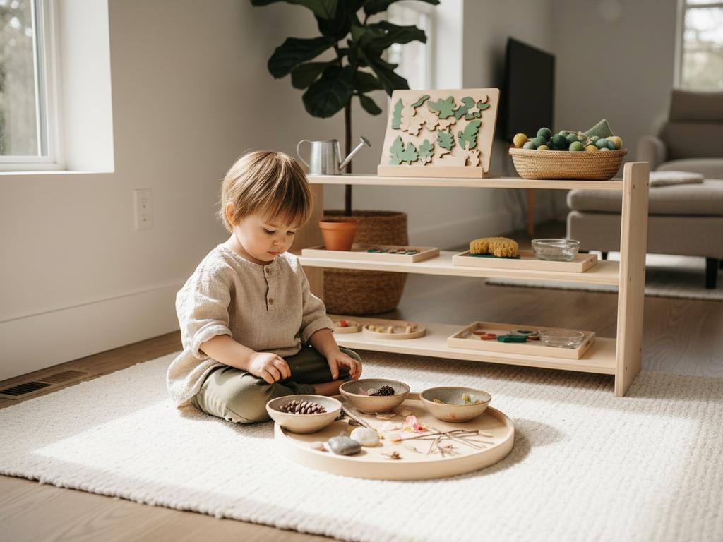 Fotorealistische Montessori-Frühlingsecke in einer Wohnung mit sortierten Naturmaterialien und einfachen Spielideen für Kinder ab 3 Jahren, ideal für Social Media.