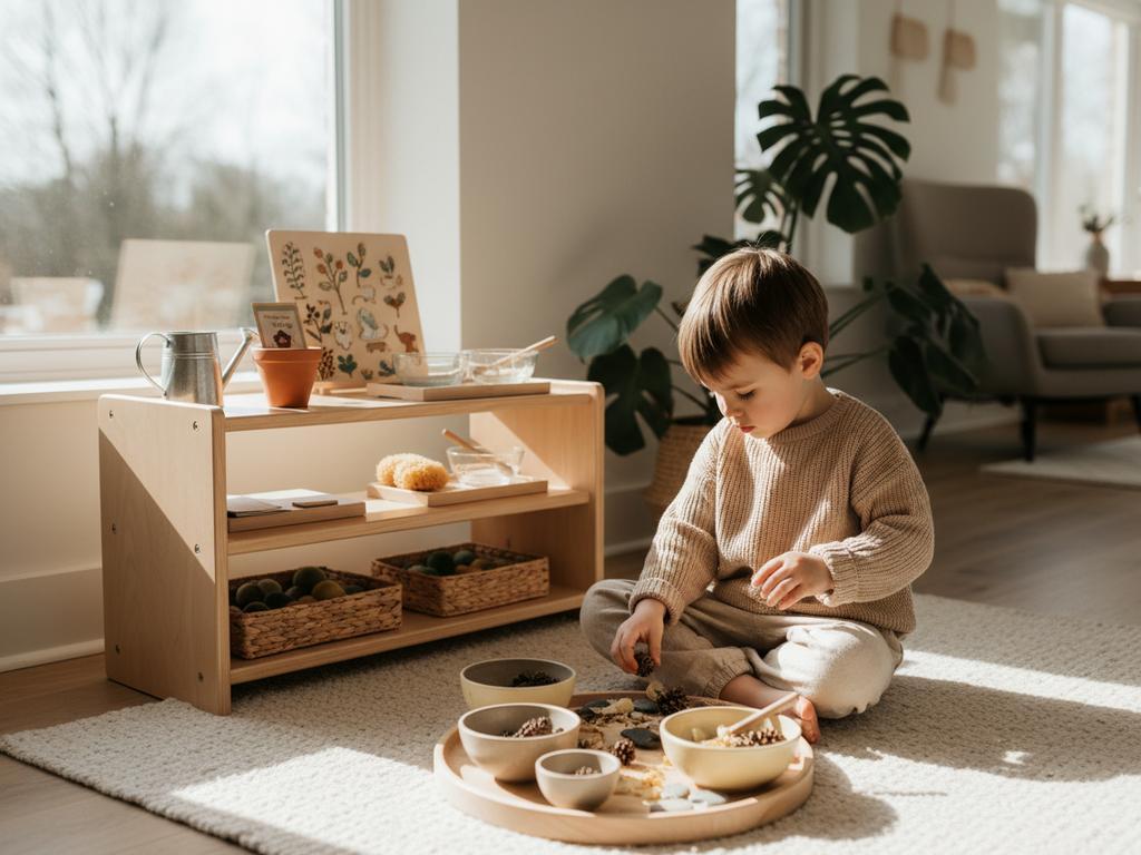 Fotorealistische Szene eines Kleinkindes beim Gärtnern im Frühling nach Montessori-Prinzipien, mit echten Naturmaterialien im Fokus, ideal für Social Media.