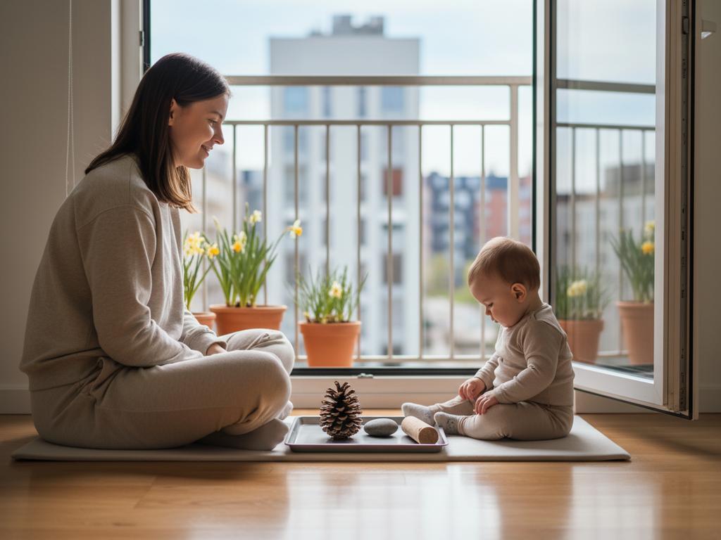 Mama und Baby erleben am offenen Balkonfenster einfache Montessori-Spielideen für den Frühling mit Naturmaterialien und sanftem Tageslicht.