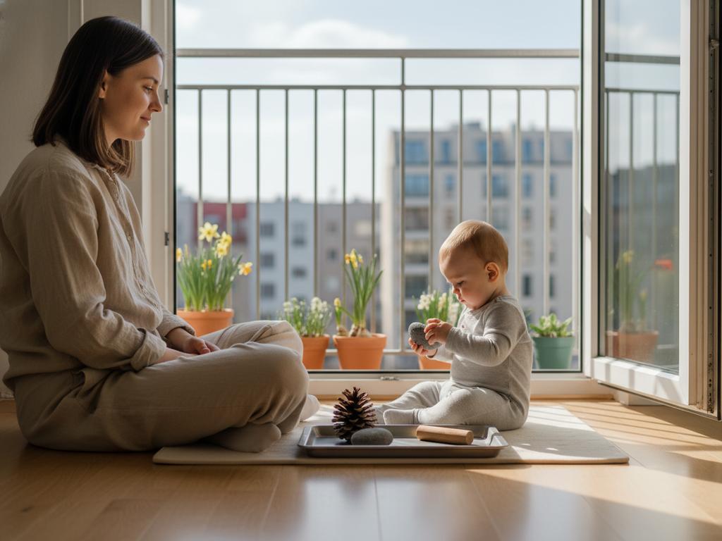 Baby entdeckt im Frühling auf einer Wiese frei liegend Naturmaterialien und Bewegung nach Montessori-Prinzipien im Grünen.