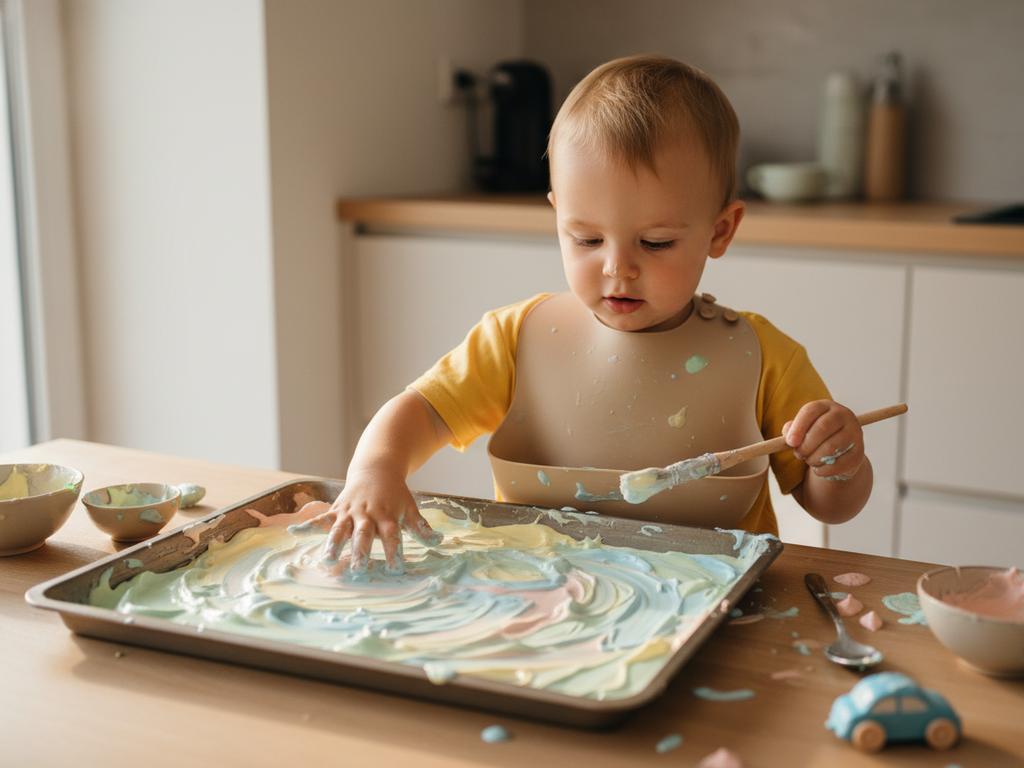 Ein Kleinkind malt mit buntem Schaum in einem Backblech in der Küche und erlebt spielerisch sensorische Förderung mit Farben und Formen.