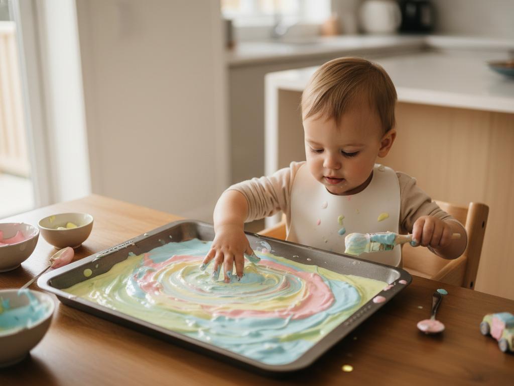 Kleinkind malt in der Badewanne mit bunten Schaumfarben auf die Wannenwand und erlebt sicheres sensorisches Spielen mit Wasser.