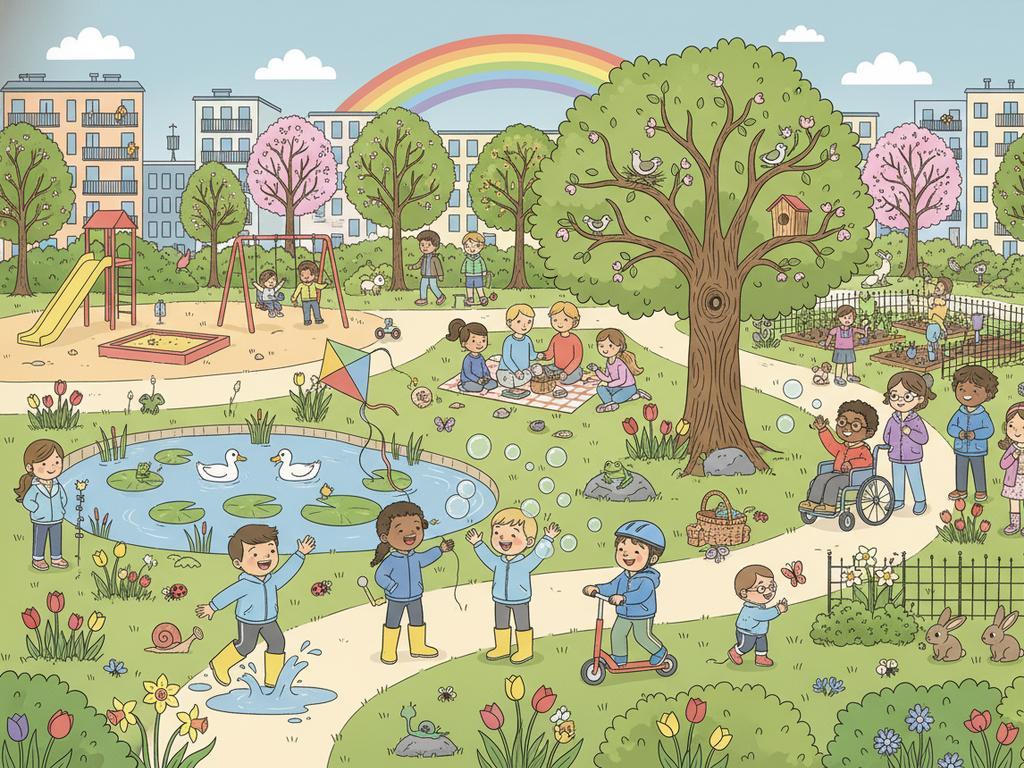 Buntes Frühlings-Wimmelbild in einem Stadtpark mit vielen Kindern, Tieren und typischen Frühlingsszenen, ideal für Kita und Vorschule.